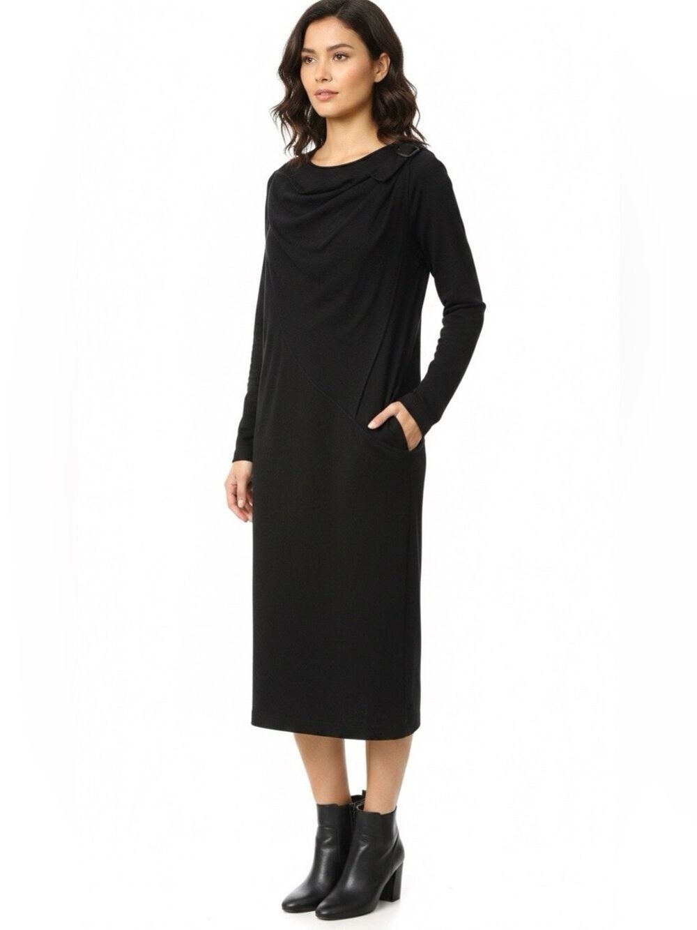 Sophisticated Black Long Sleeve Wool Midi Dress Size 6